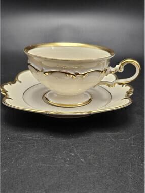 Hutschenreuther Selb Bavaria Tea Cup Saucer Set US Zone Ivory Gold #25 and #3